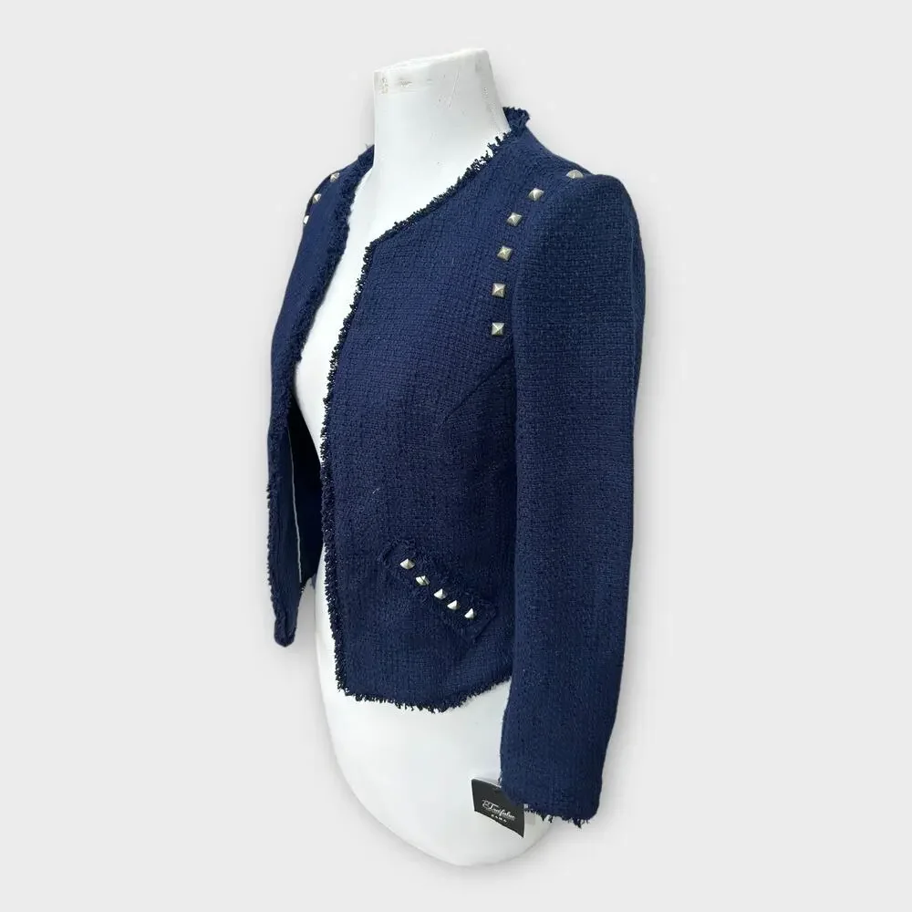 Zara Navy Tweed Frayed-Edge Blazer with Stud Accents - Picture 9 of 9